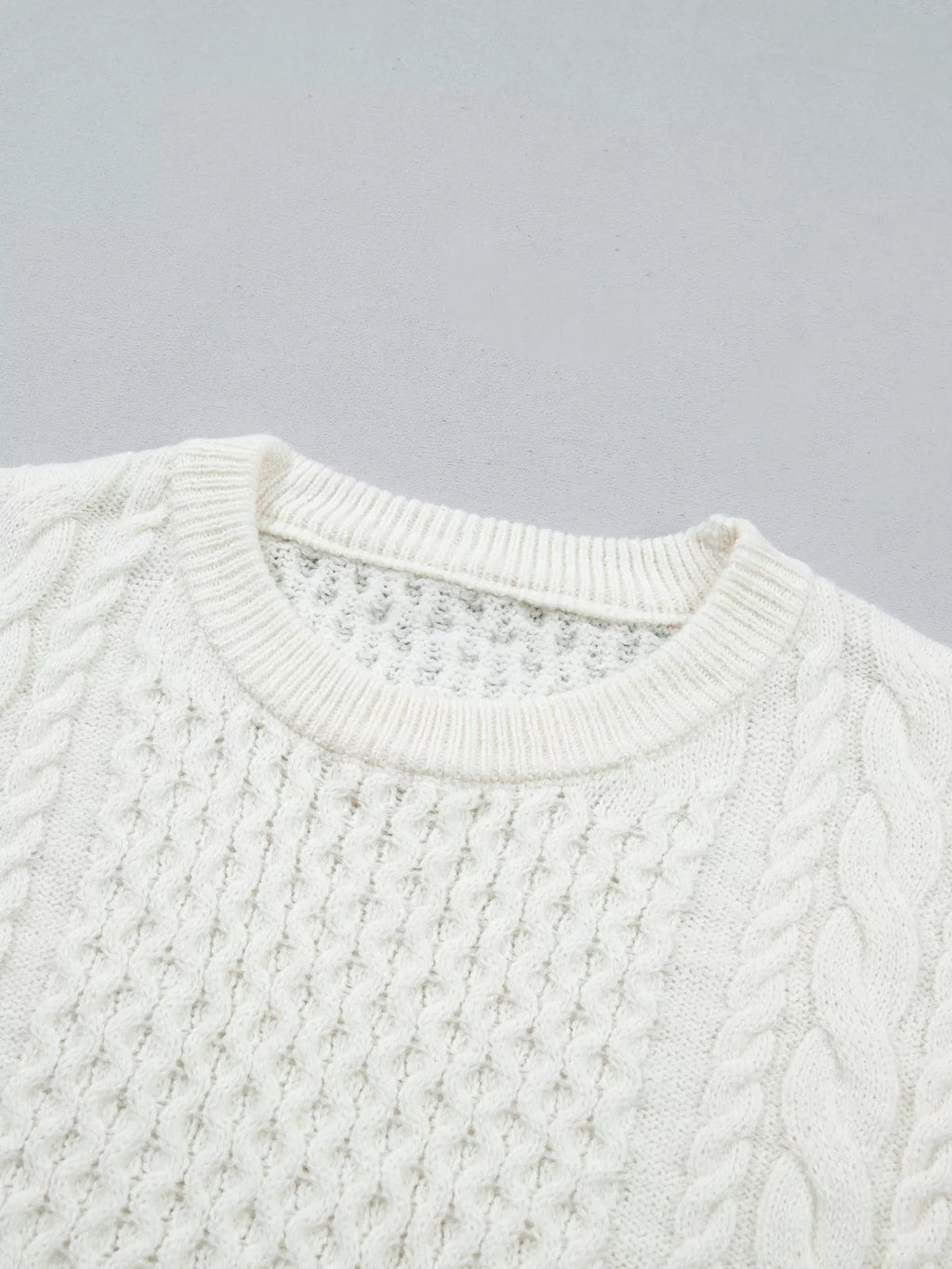 White cable knit crew neck sweater, loose fit - view 14