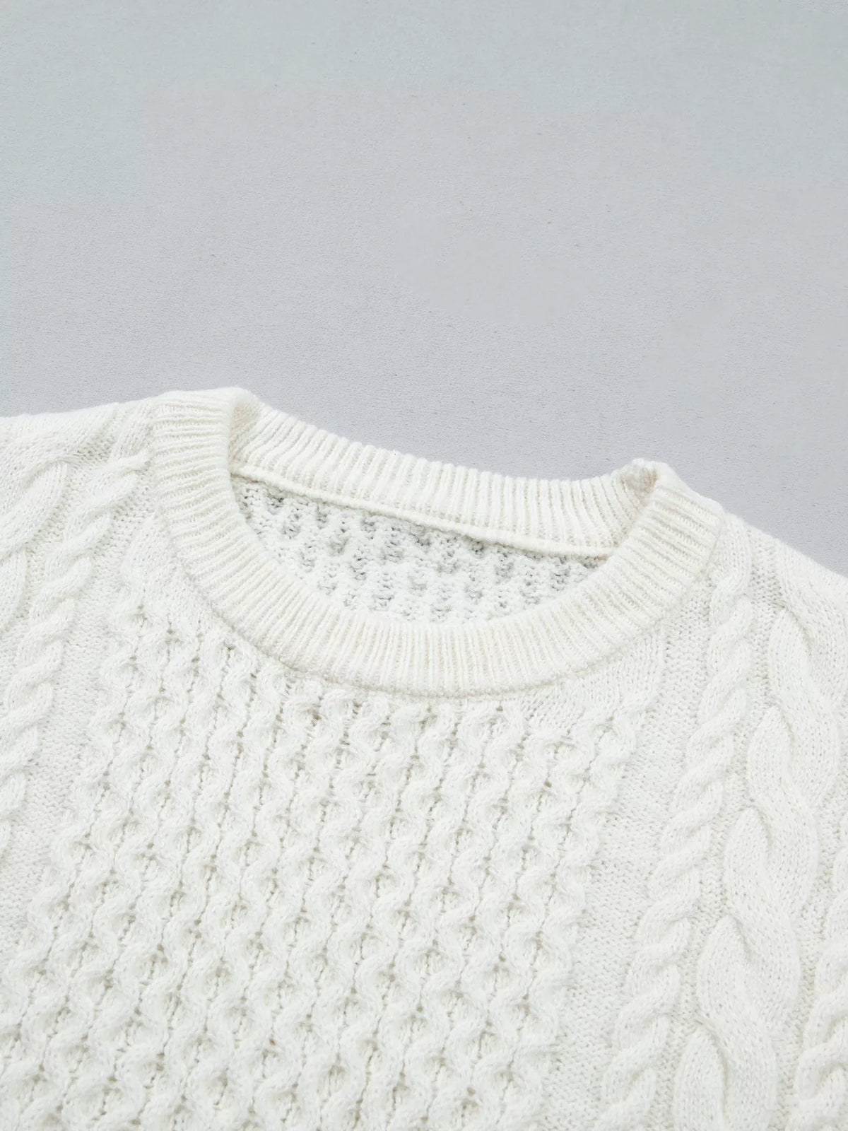 White cable knit crew neck sweater, loose fit - view 14