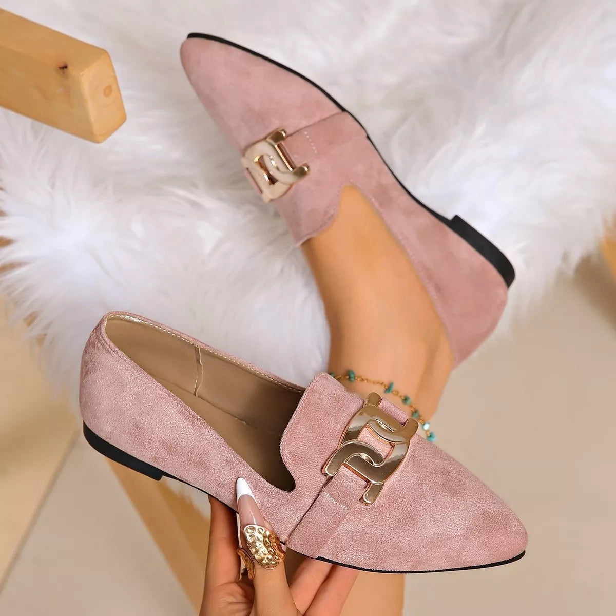 Pointed Toe Chain Detail Loafers in matcha green, black and pink, additional view 2