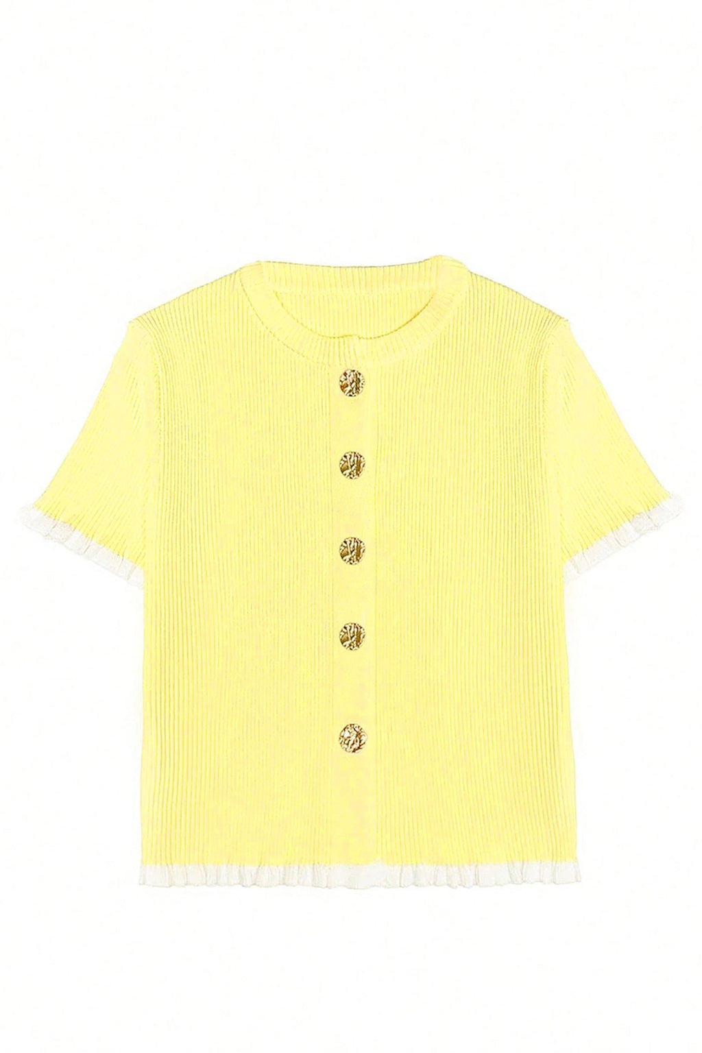 Solid Ribbed Frilled Short Sleeve Sweater Cardigan in Yellow Cream - styled open over cami