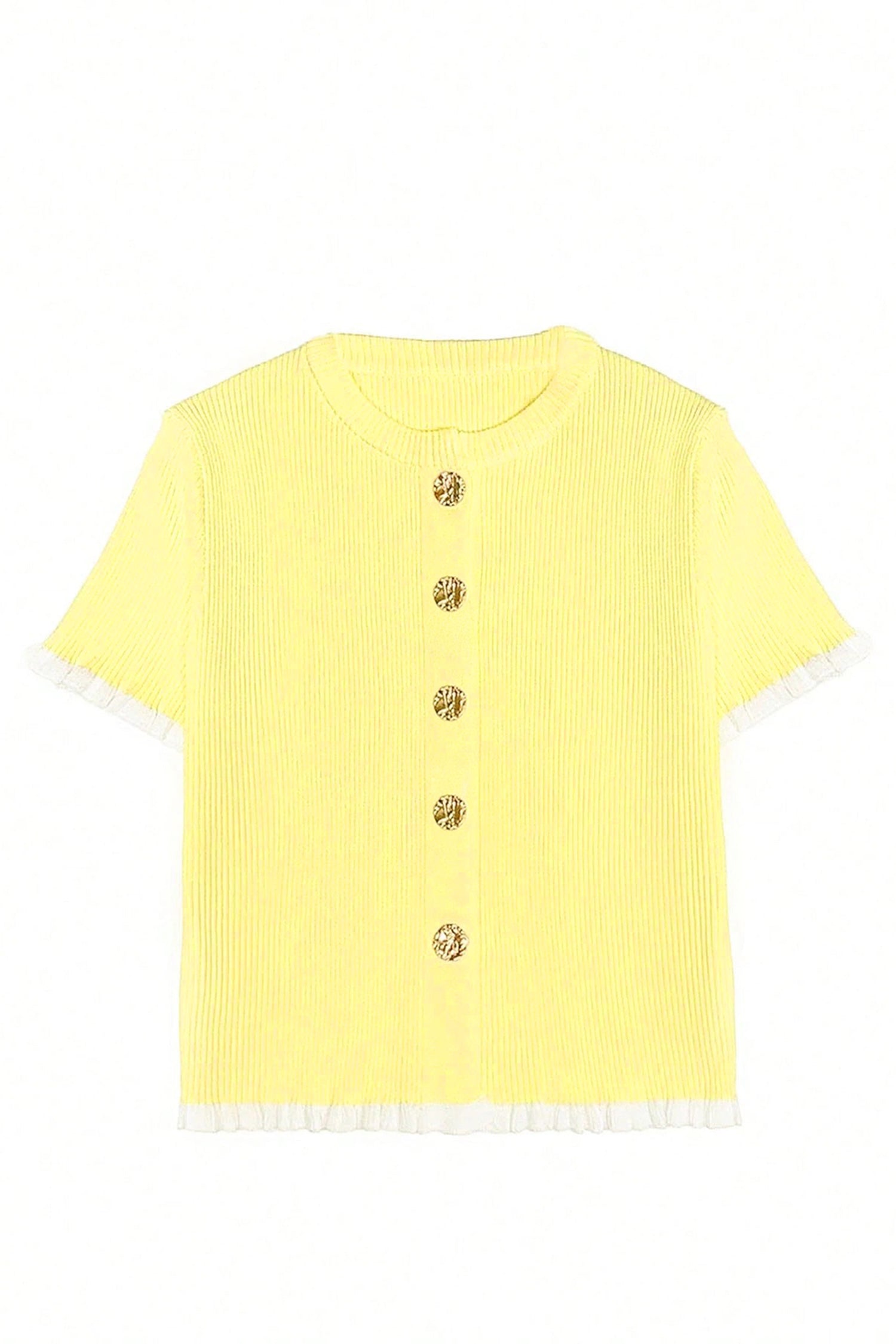 Solid Ribbed Frilled Short Sleeve Sweater Cardigan in Yellow Cream - styled open over cami