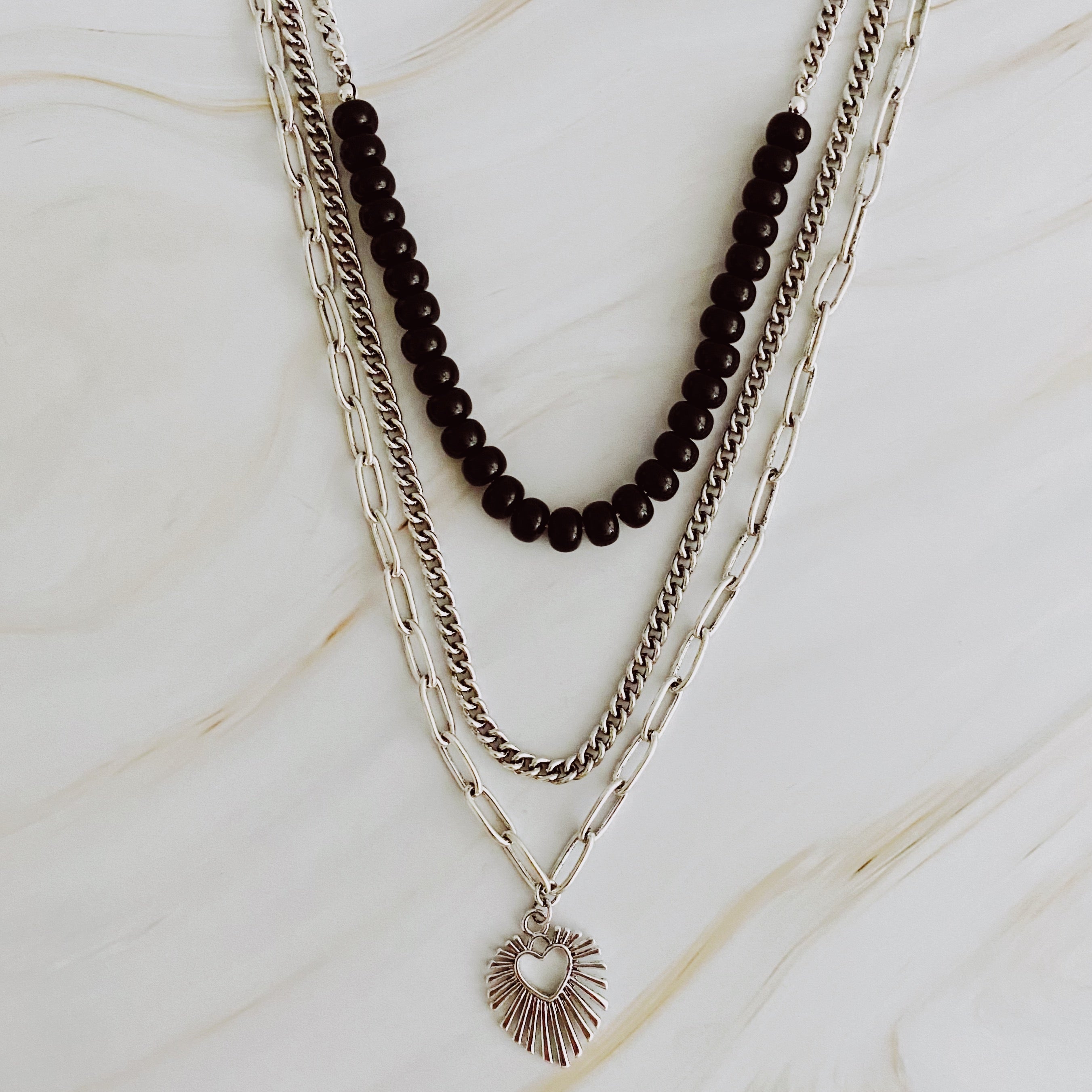 Resin Bead Golden Heart Layered Necklace - styled on model