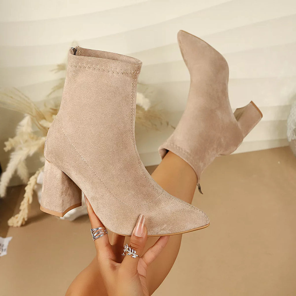 Suede mid heel ankle boots with point toe, view 8