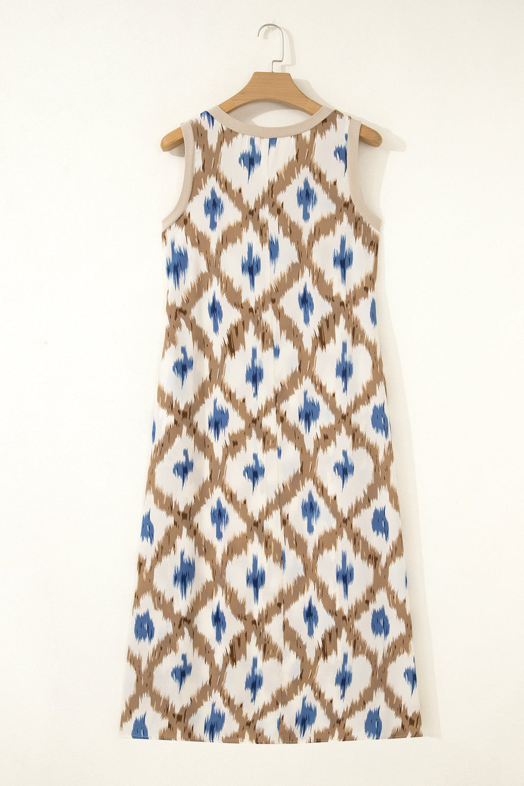 Boho Abstract V-Neck Sleeveless Maxi Dress in Khaki - side view showing maxi length
