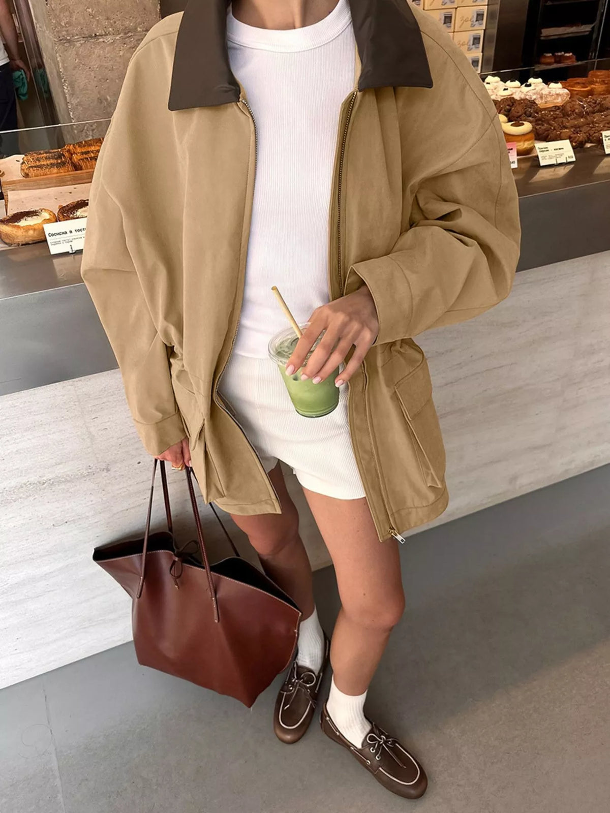 Oversized Contrast Collar Jacket with Drawstring Waist - back view