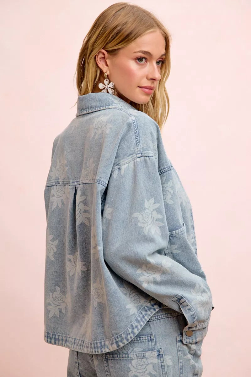 BiBi Printed Washed Denim Jacket - close up of floral print on denim fabric