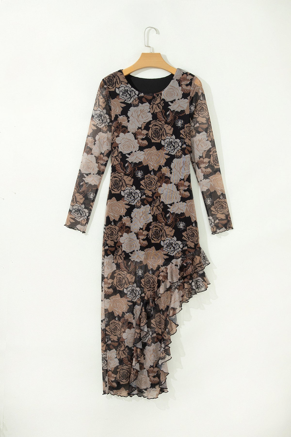 Floral Asymmetric Ruffle Mesh Dress in black, side view