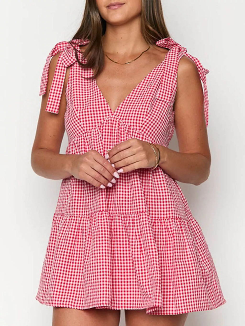 Gingham Tie-Shoulder Mini Dress in Scarlet - front view showing tie shoulders