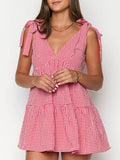 Gingham Tie-Shoulder Mini Dress in Scarlet - front view showing tie shoulders