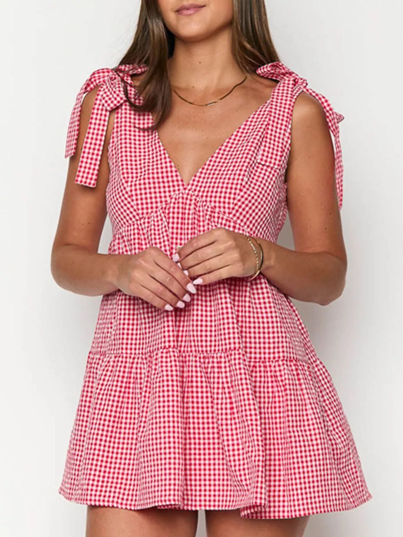 Gingham Tie-Shoulder Mini Dress in Scarlet - front view showing tie shoulders