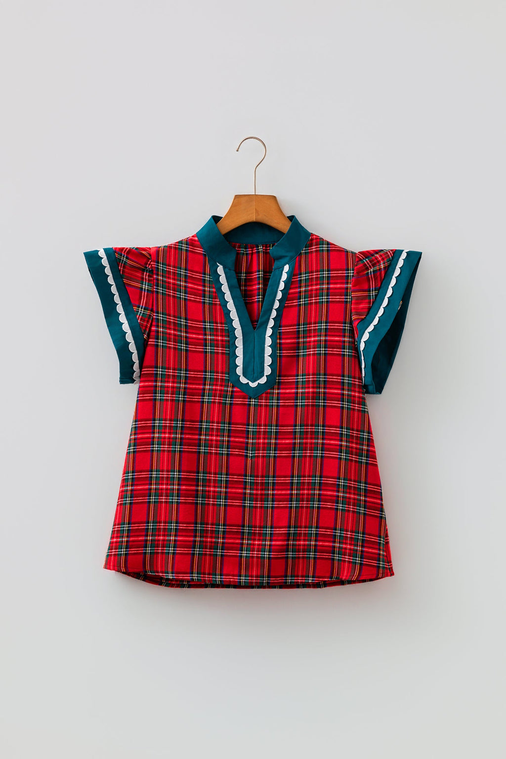 Plaid Scallop Ricrac Trim Short Sleeve V-Neck Blouse in Red, detail view