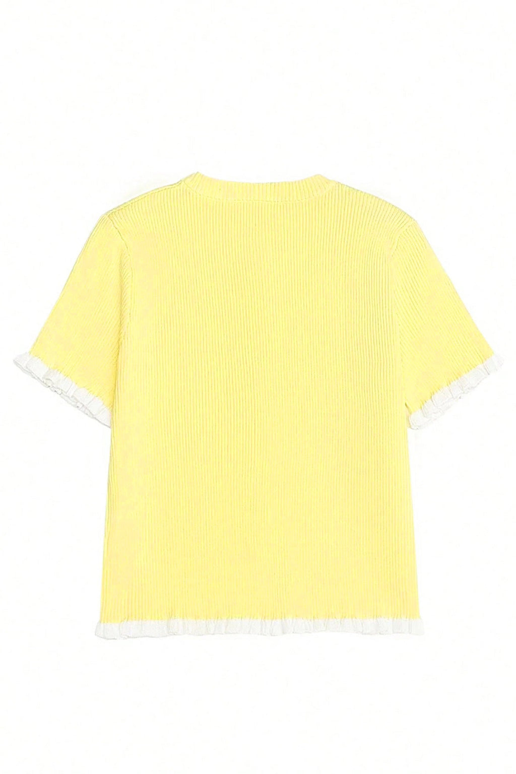 Solid Ribbed Frilled Short Sleeve Sweater Cardigan in Yellow Cream - close up of ribbed texture and frilled detail