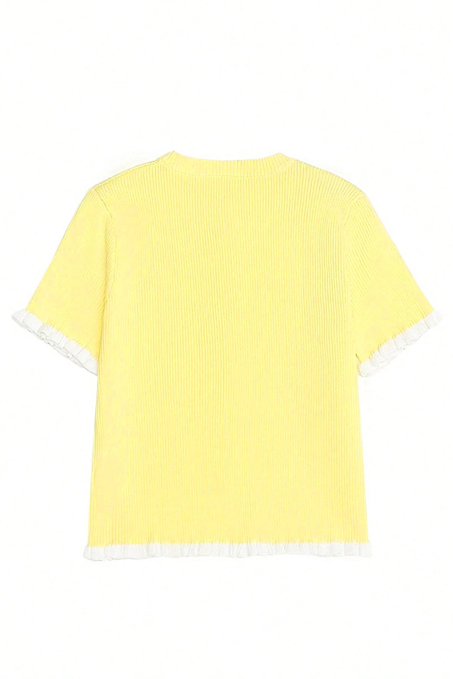 Solid Ribbed Frilled Short Sleeve Sweater Cardigan in Yellow Cream - close up of ribbed texture and frilled detail