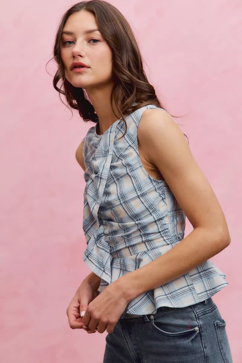 SO ME Plaid Sleeveless Ruffle Peplum Top - back view