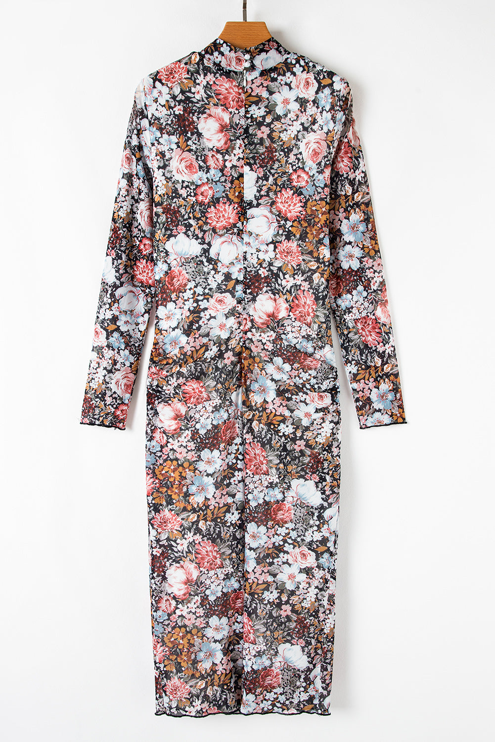 Floral Mock Neck Bodycon Midi Dress in brown, side view