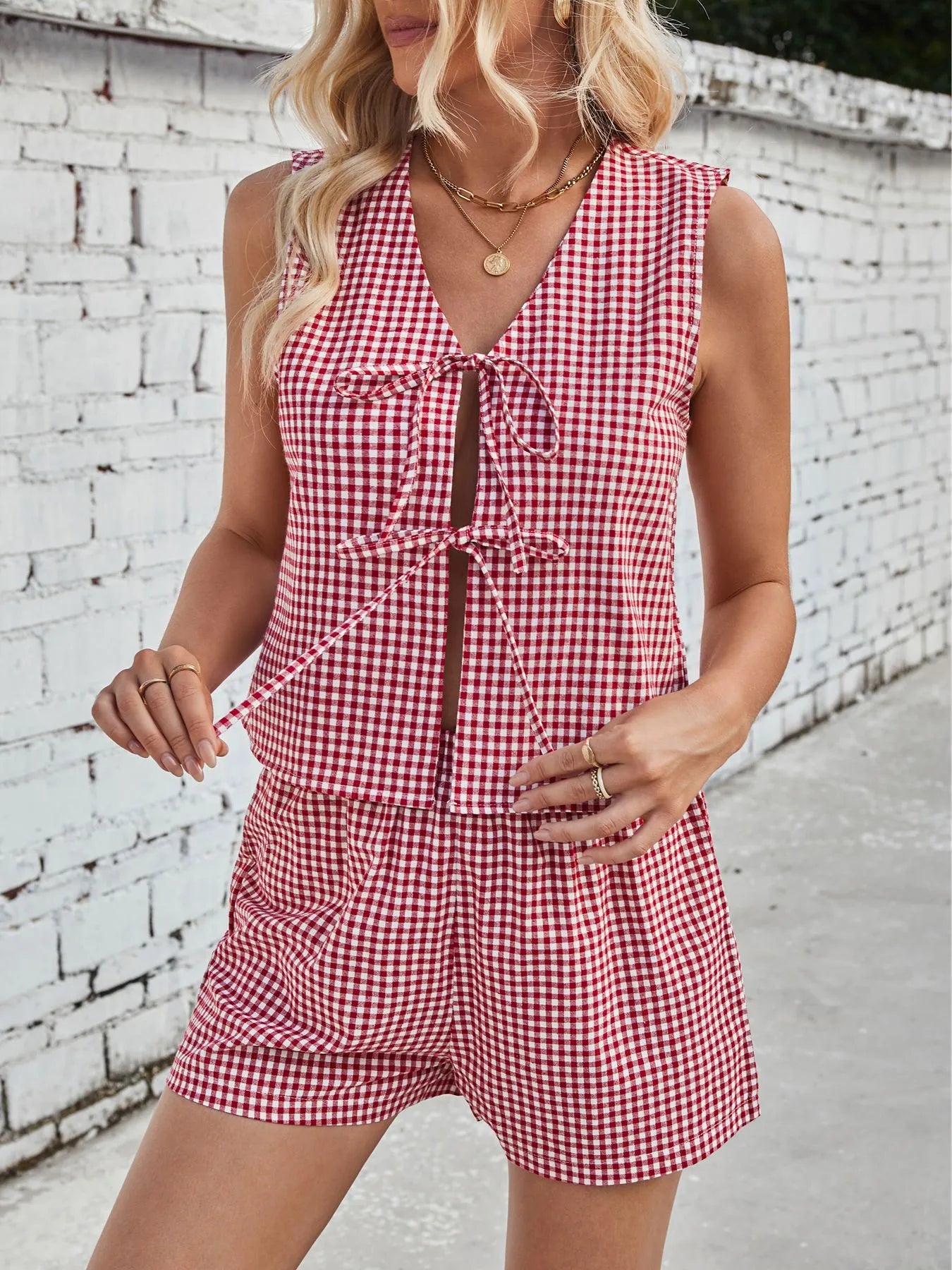 Gingham Print Tie Front Top and Shorts Set - gingham two-piece set, view 11