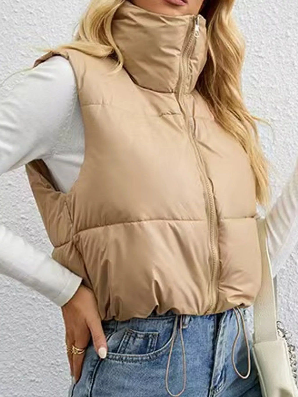Zip-up puffer vest for women in khaki, black, coffee, pink and white - view 1