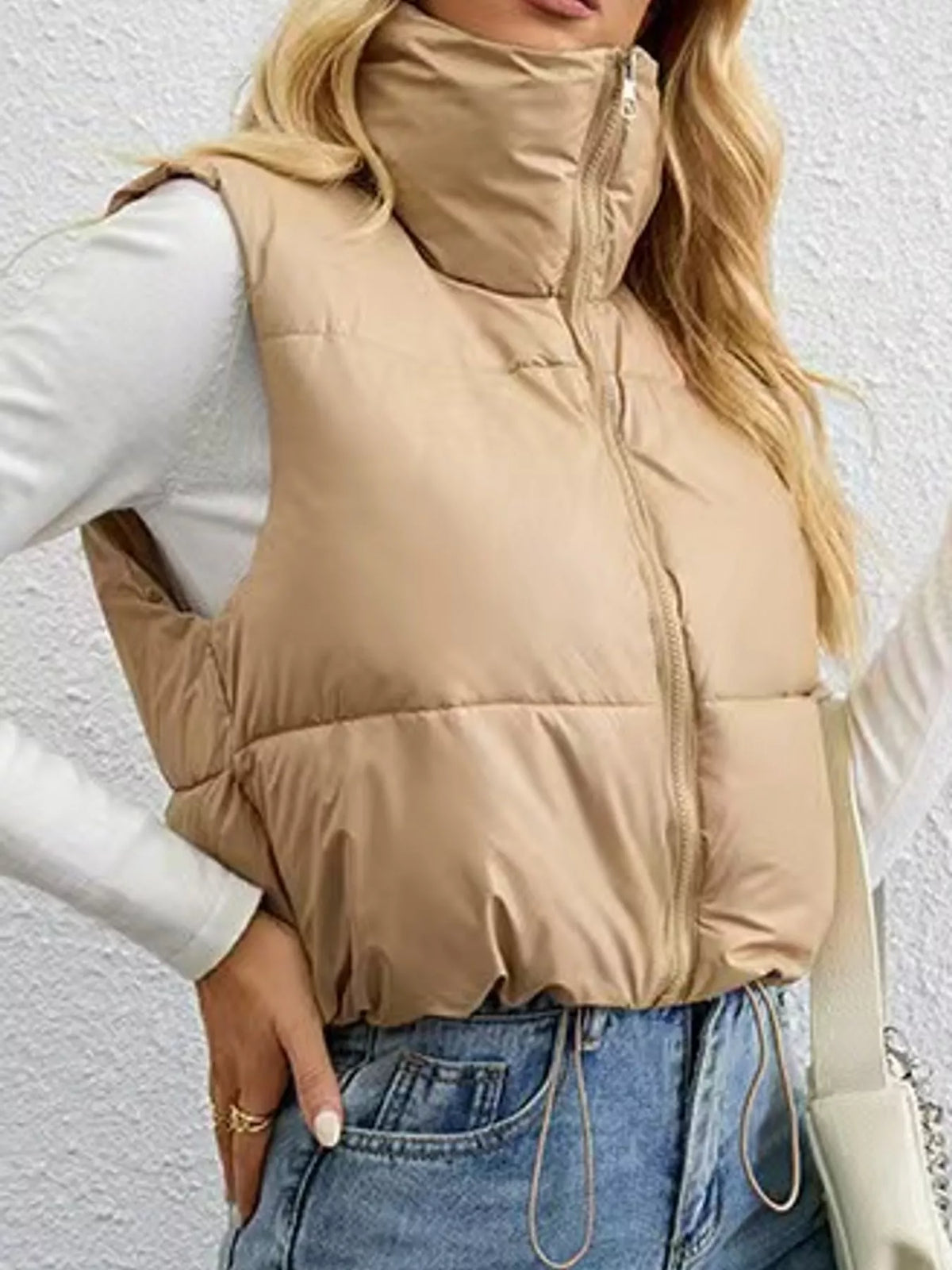Zip-up puffer vest for women in khaki, black, coffee, pink and white - view 1
