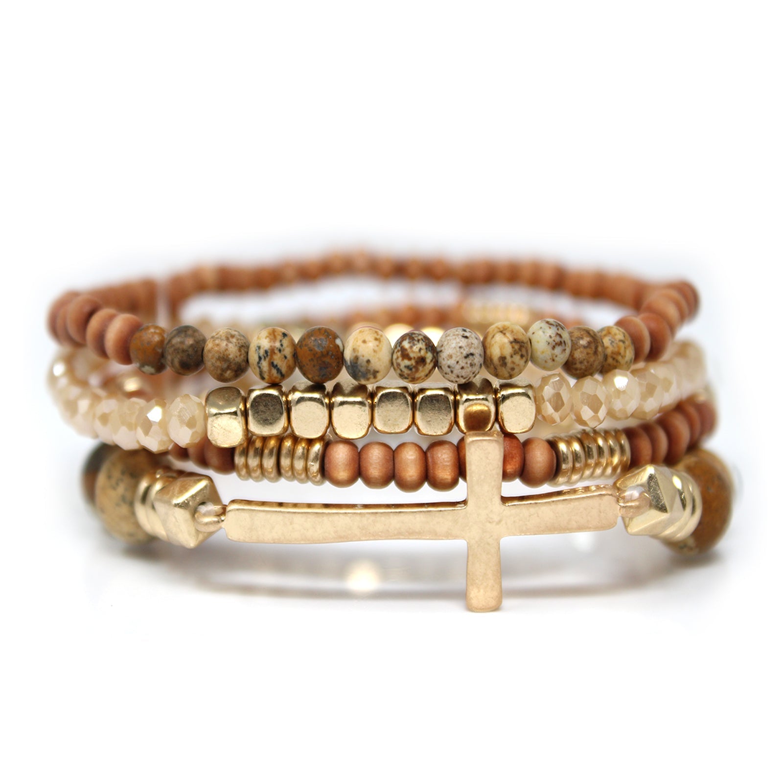 Set Of 4 Stone And Wooden Beads Bracelet in Minty Amazonite