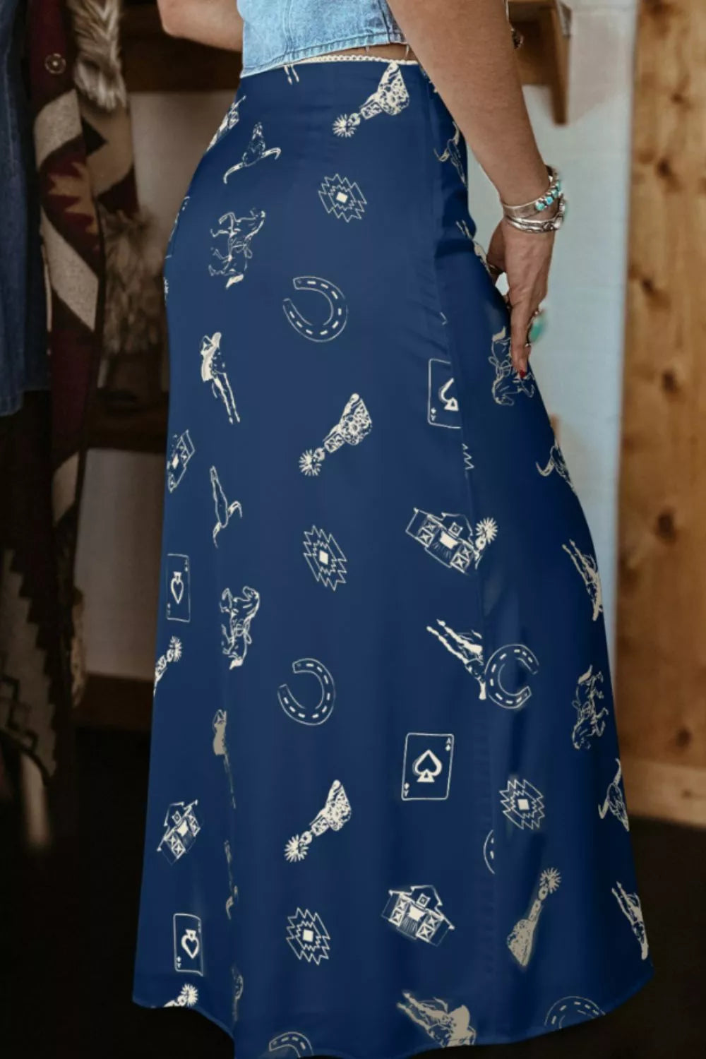 Western Print Satin Maxi Skirt in Navy - back view