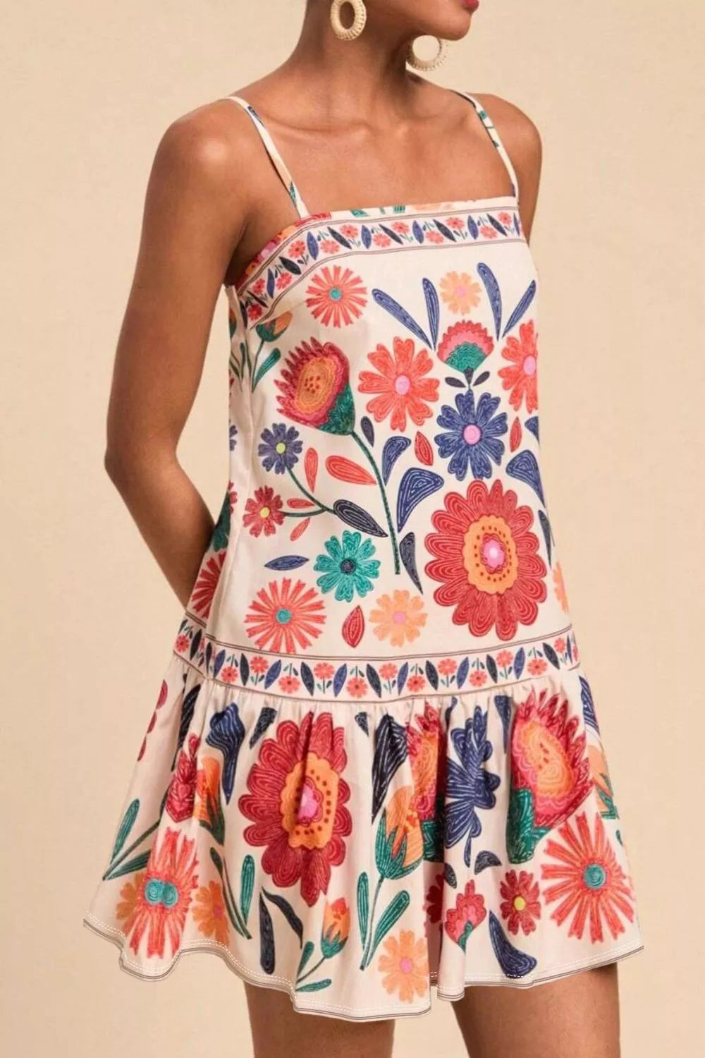 Plus Size Floral Print Sleeveless Mini Dress - full length styled view