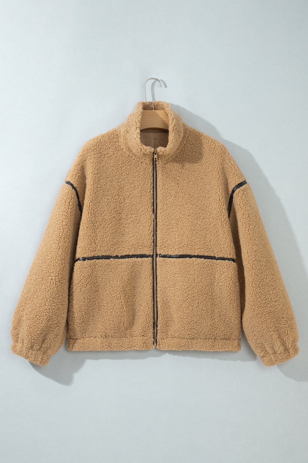 Fleece Stand Collar Zip Up Jacket in parchment, detail view