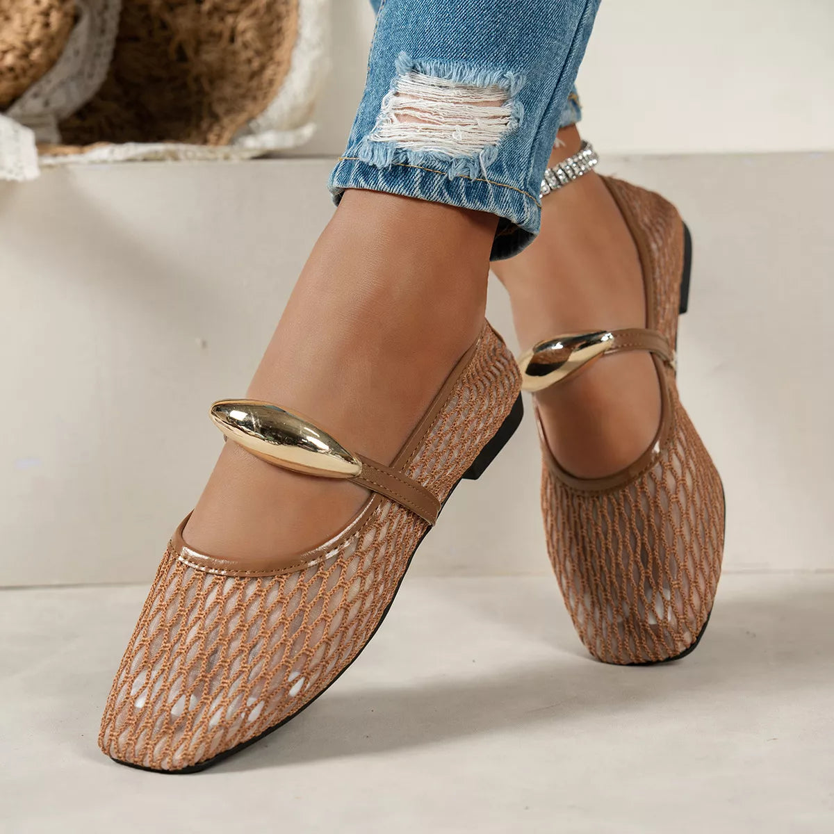 Square Toe Slip-Ons - mesh square toe low heel shoes, view 9
