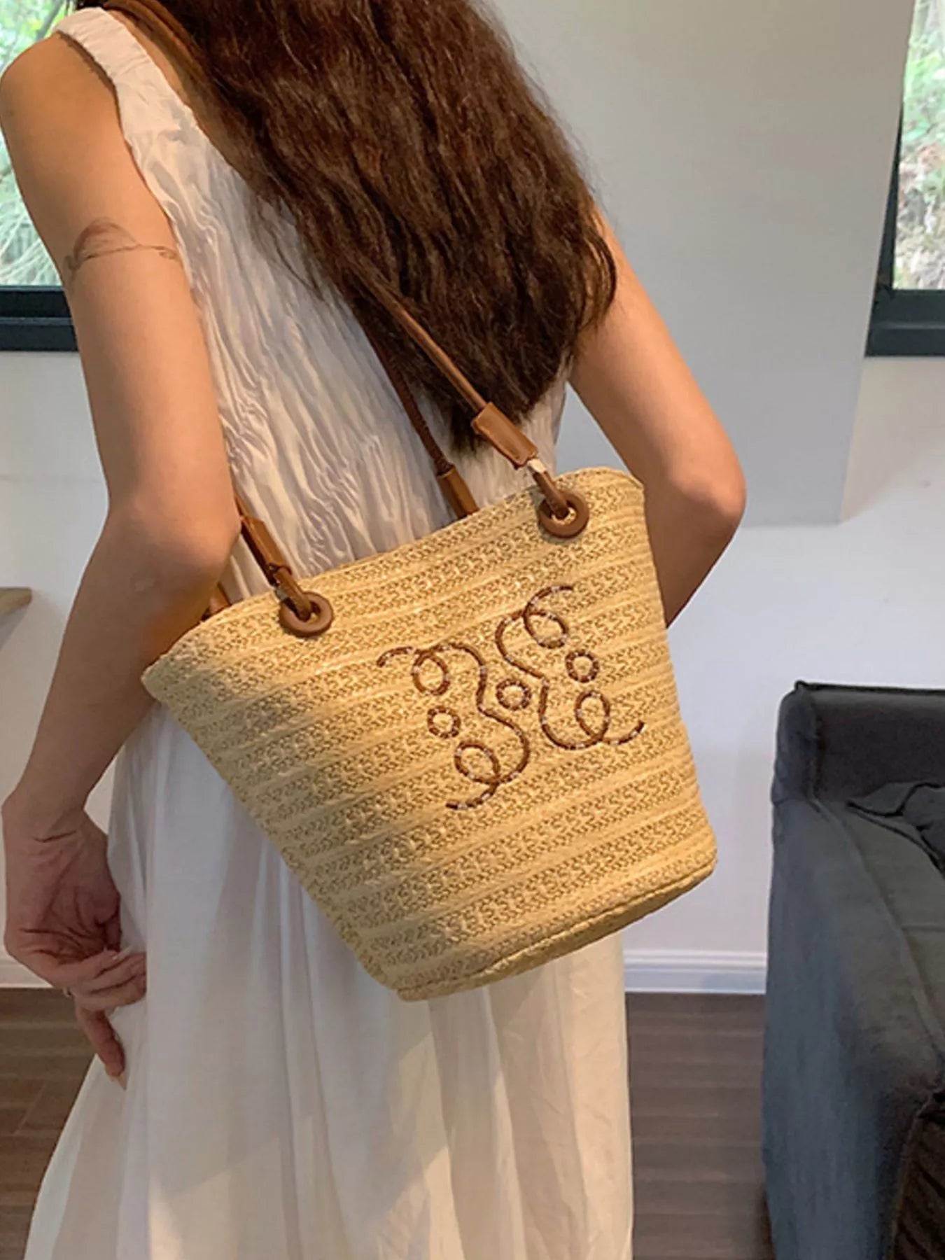 Straw Bucket Shoulder Bag - styled outfit view