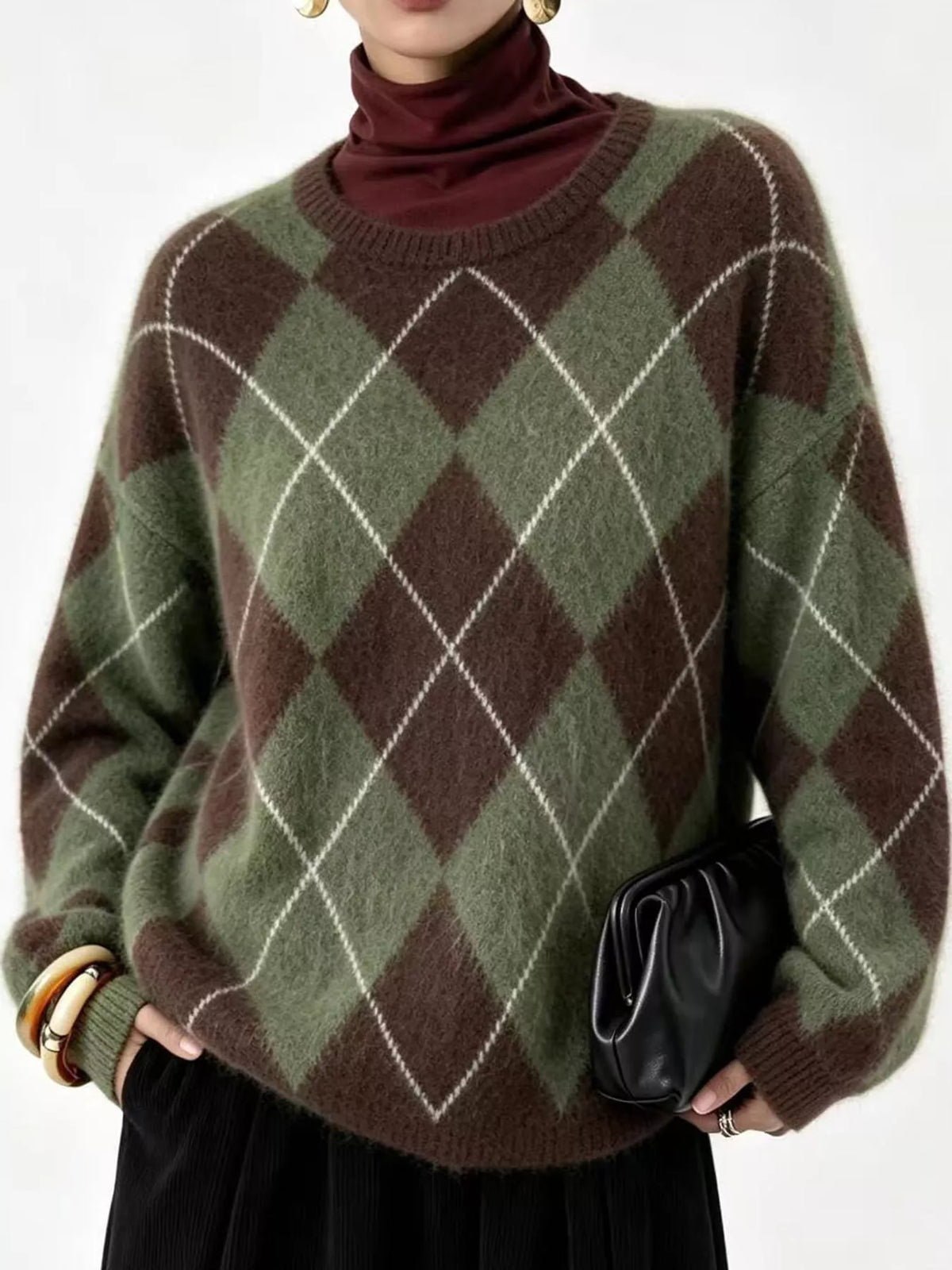 Argyle fuzzy knit sweater, women's relaxed fit - view 22