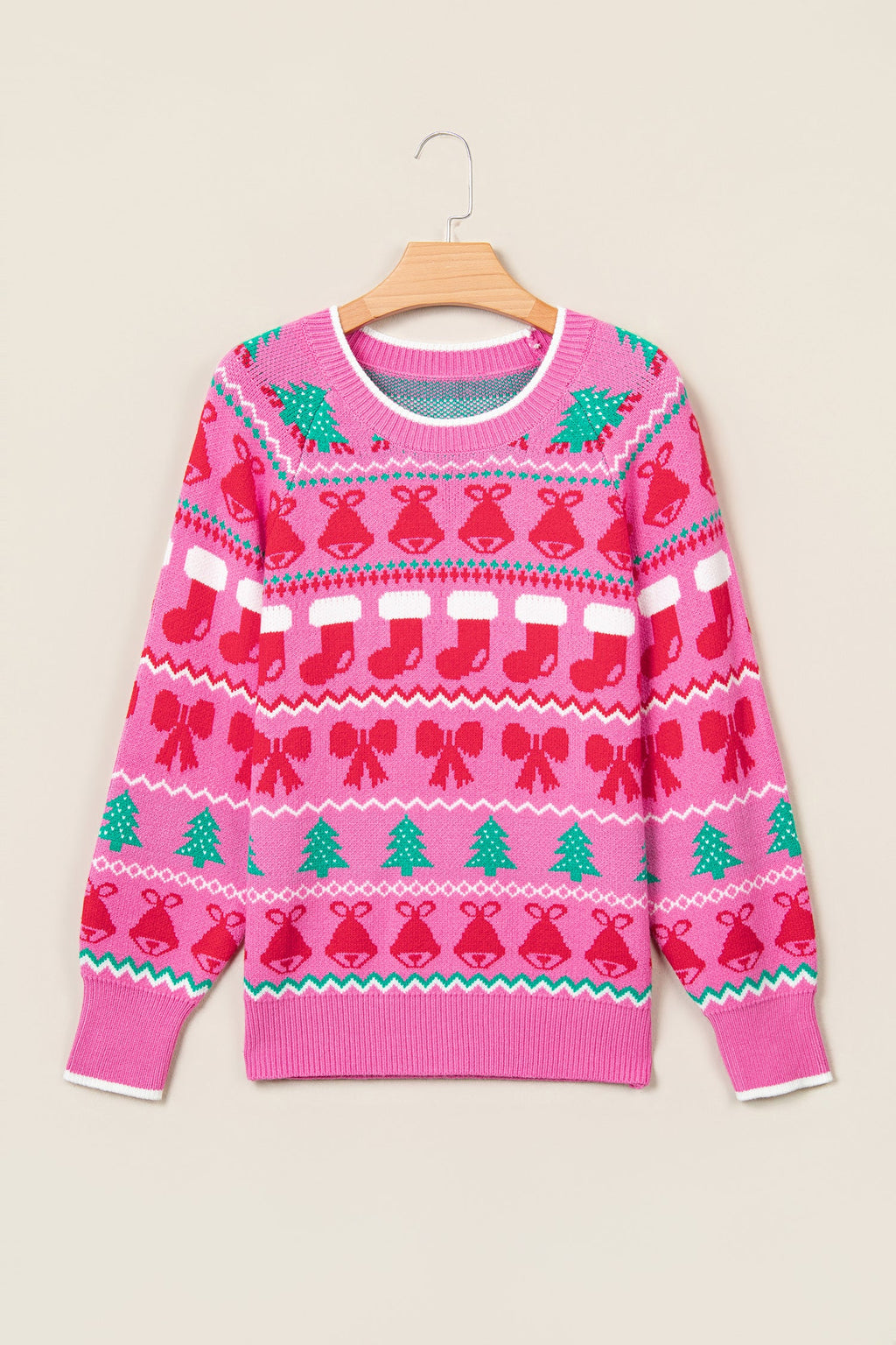 Christmas Bells & Bows Sweater in pink, detail view
