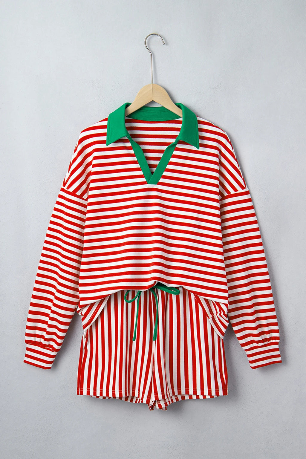 Stripe Colorblock Long Sleeve Collar Top and Shorts Set in Red Stripe, detail view