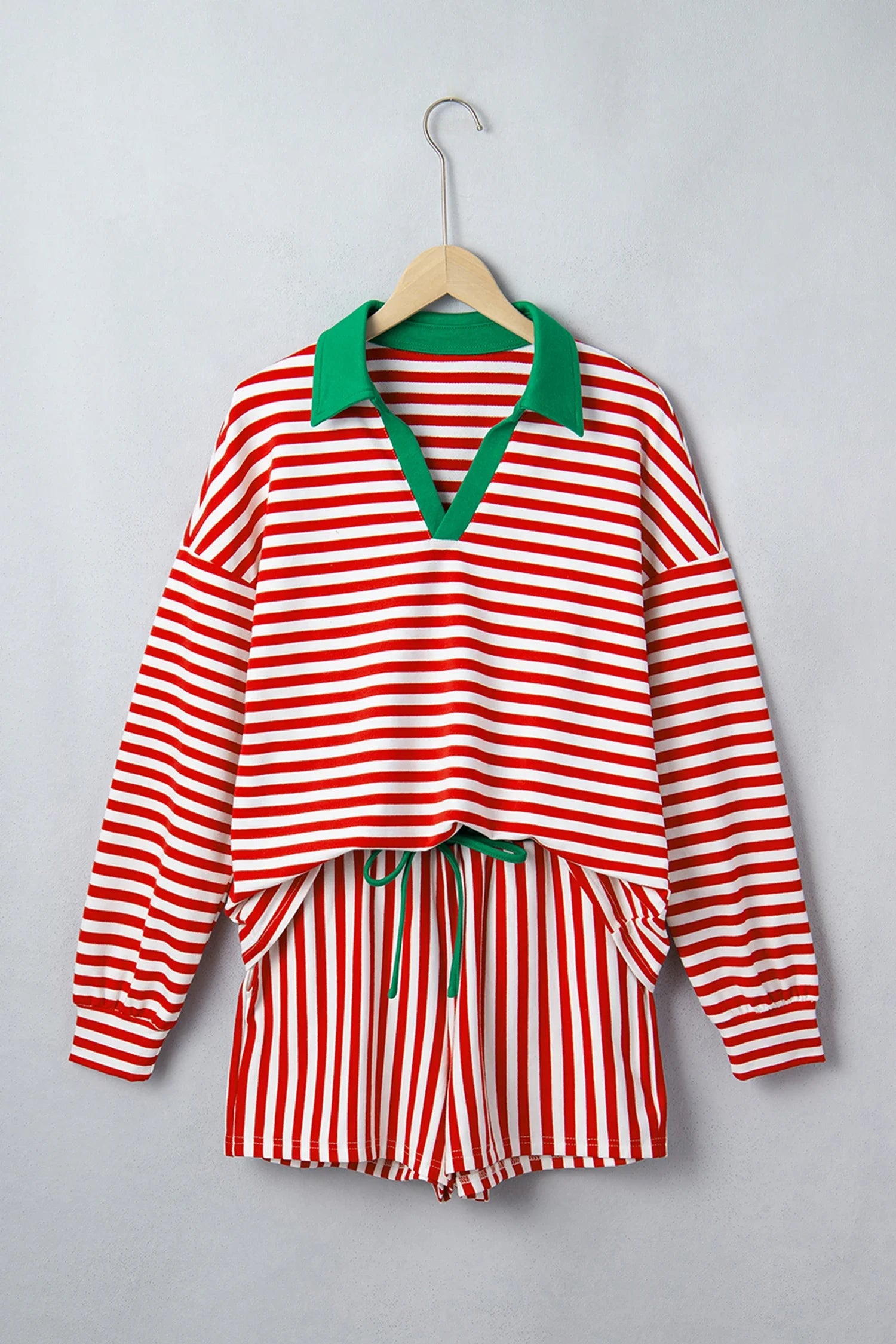 Stripe Colorblock Long Sleeve Collar Top and Shorts Set in Red Stripe, detail view