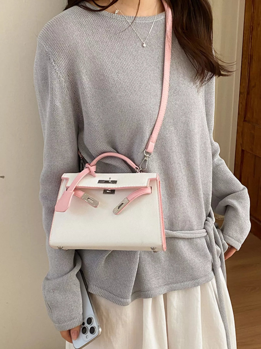 Contrast Trimmed Top-Handle Crossbody Bag - PU leather crossbody bag, view 2