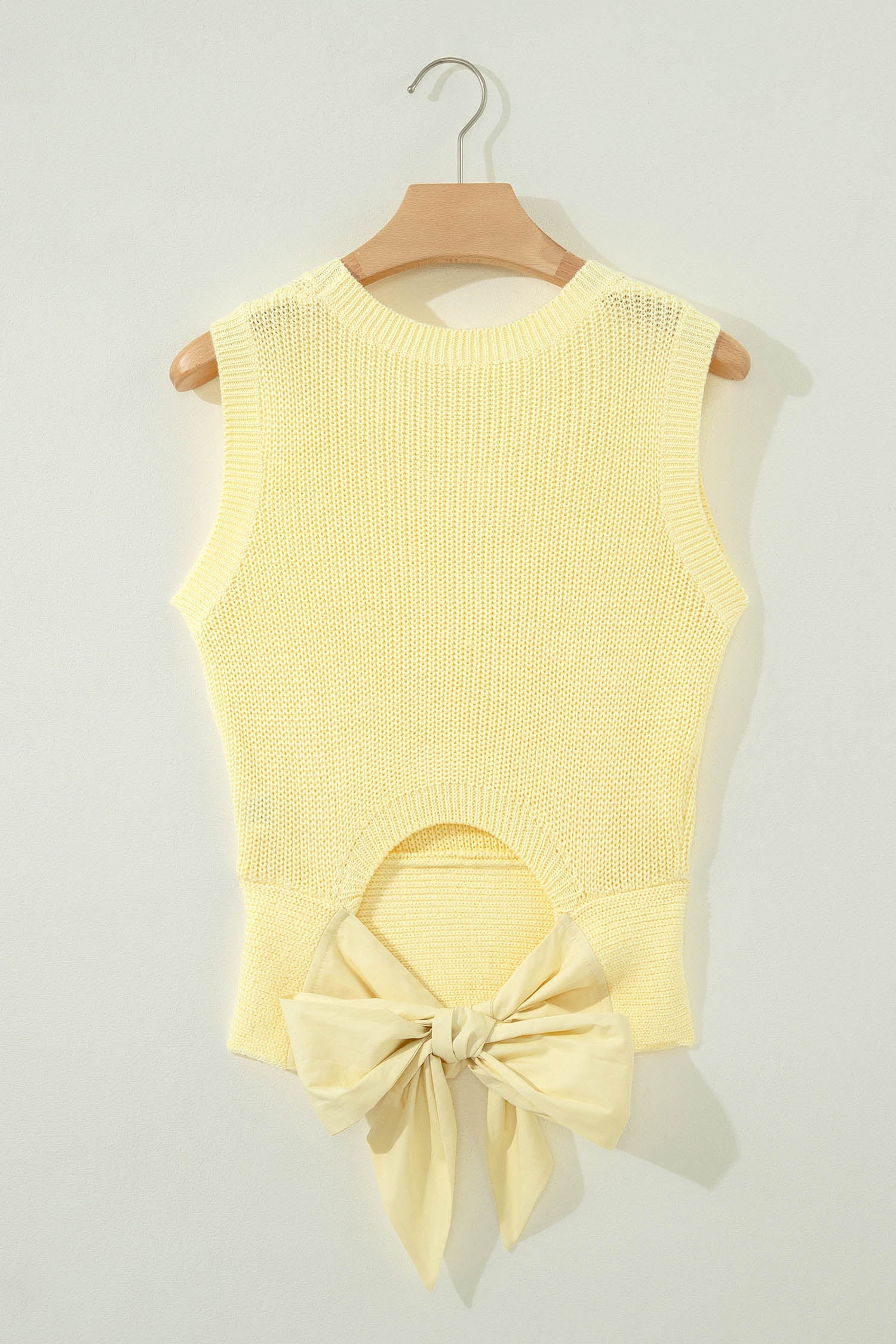 Solid Cropped Tie Back Cutout Sweater Knit Tank - close up of tie back detail