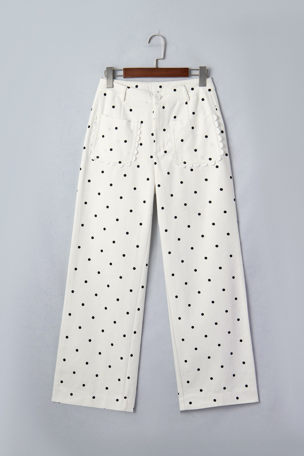 Polka Dot Denim Scalloped Patch Pocket Pants in White - back view