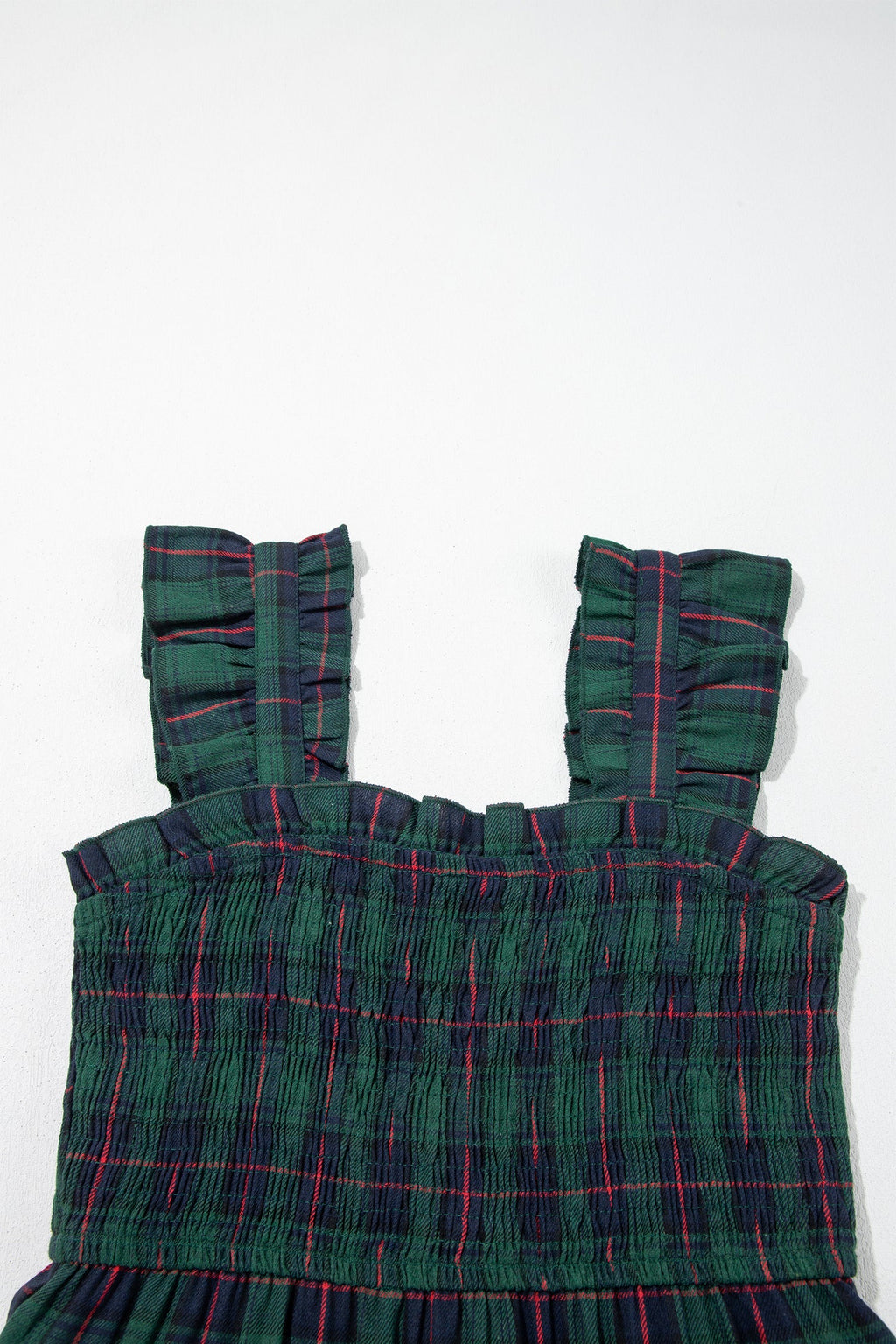 Plaid Ruffle Sleeveless Shirred Tiered Midi Dress in Green, back view