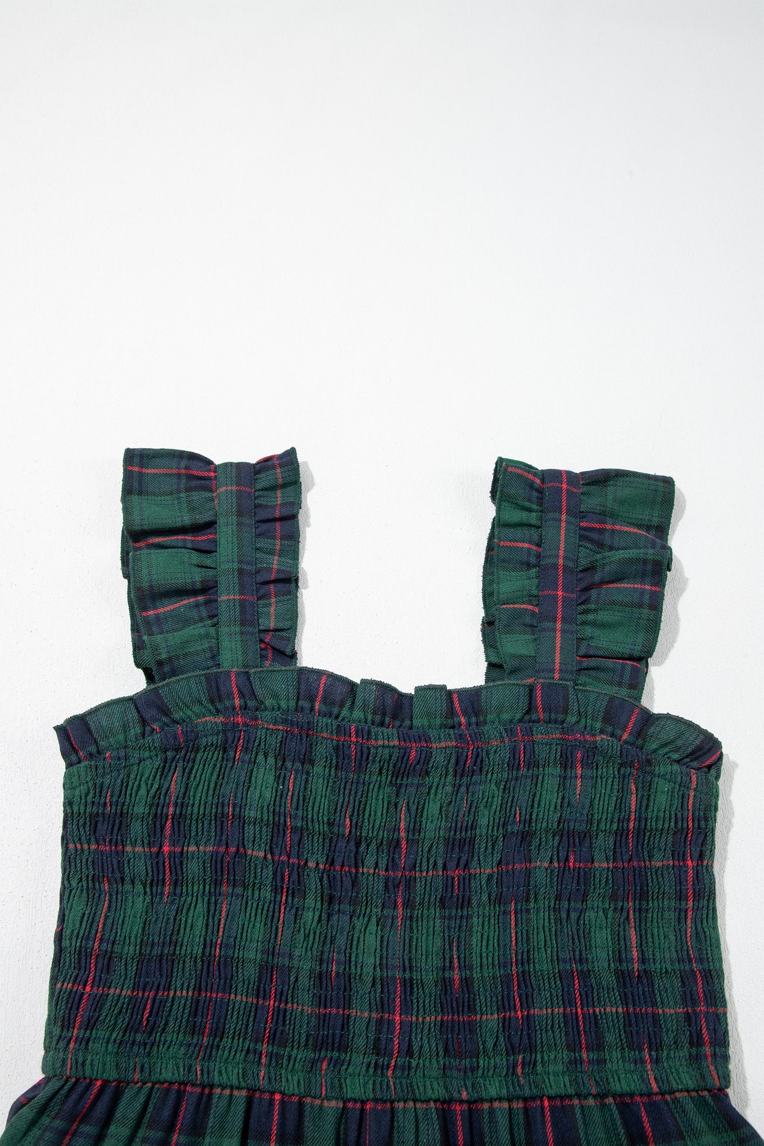 Plaid Ruffle Sleeveless Shirred Tiered Midi Dress in Green, back view