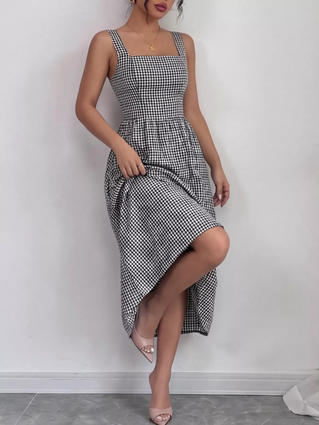 Square Neck Gingham Midi Dress - pleated gingham midi dress, view 1
