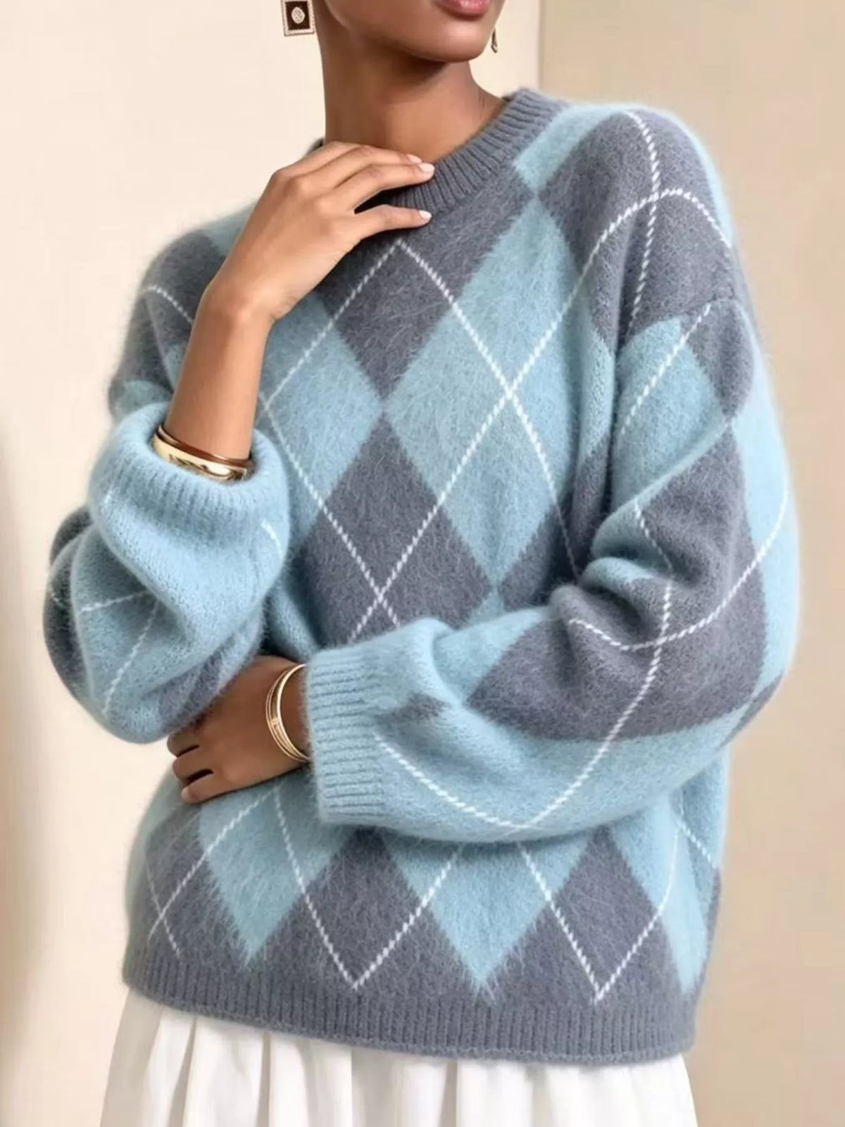 Argyle fuzzy knit sweater, women's relaxed fit - view 13