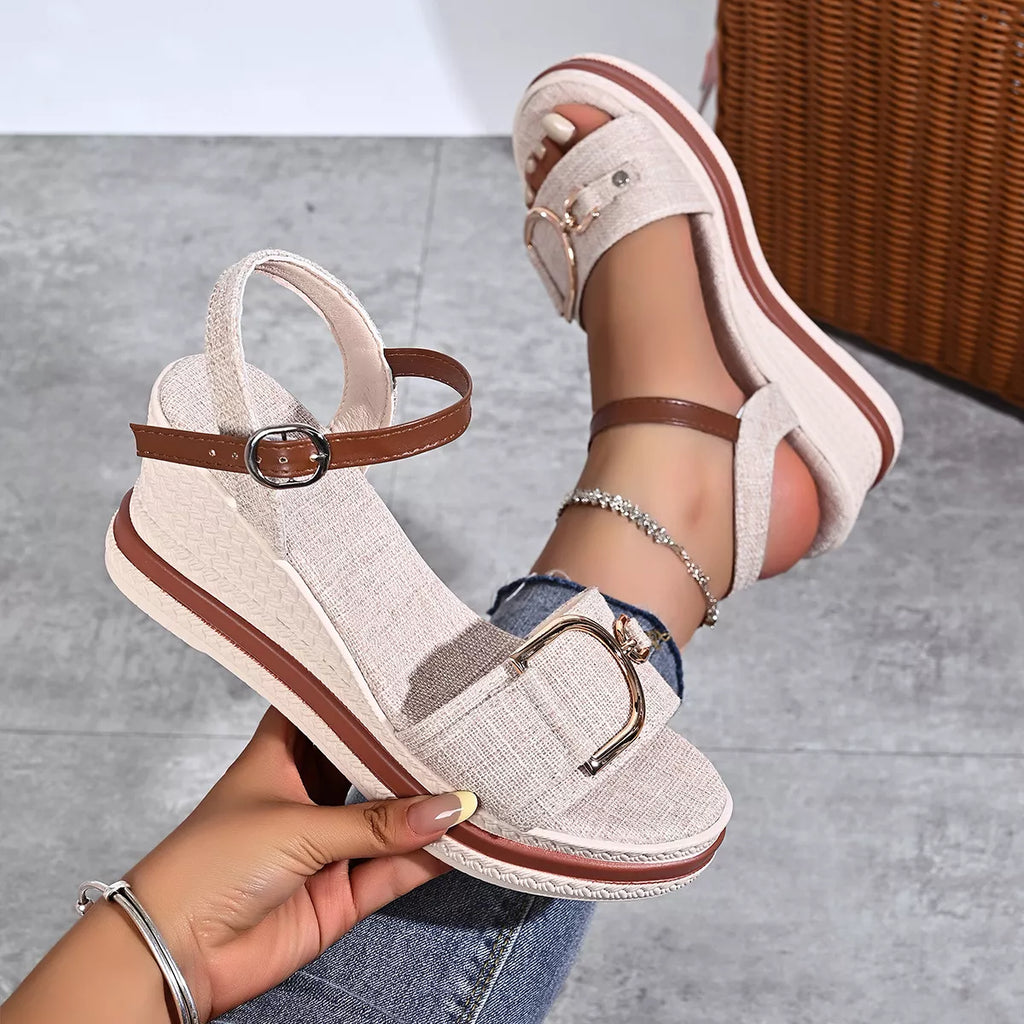 Open Toe Wedge Sandals in Beige - back view