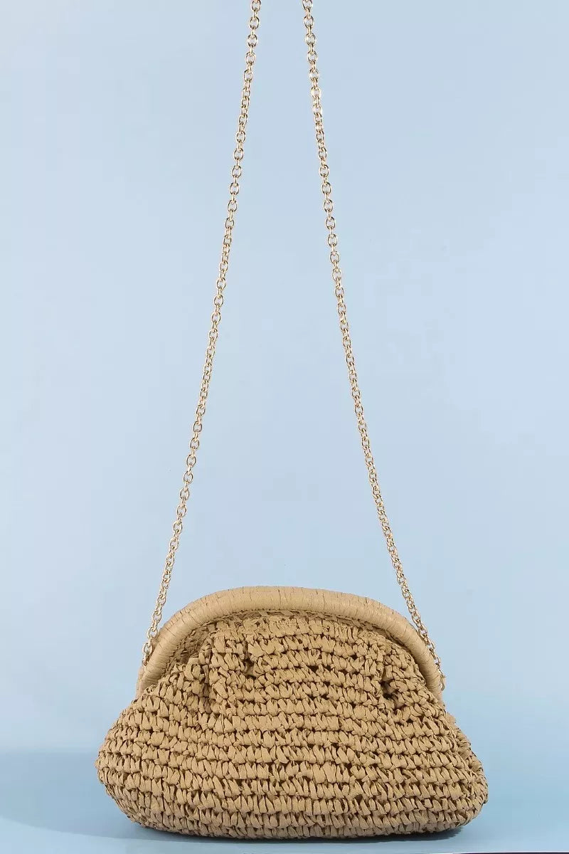 Fame Woven Raffia Frame Shoulder Bag in Cream - front view