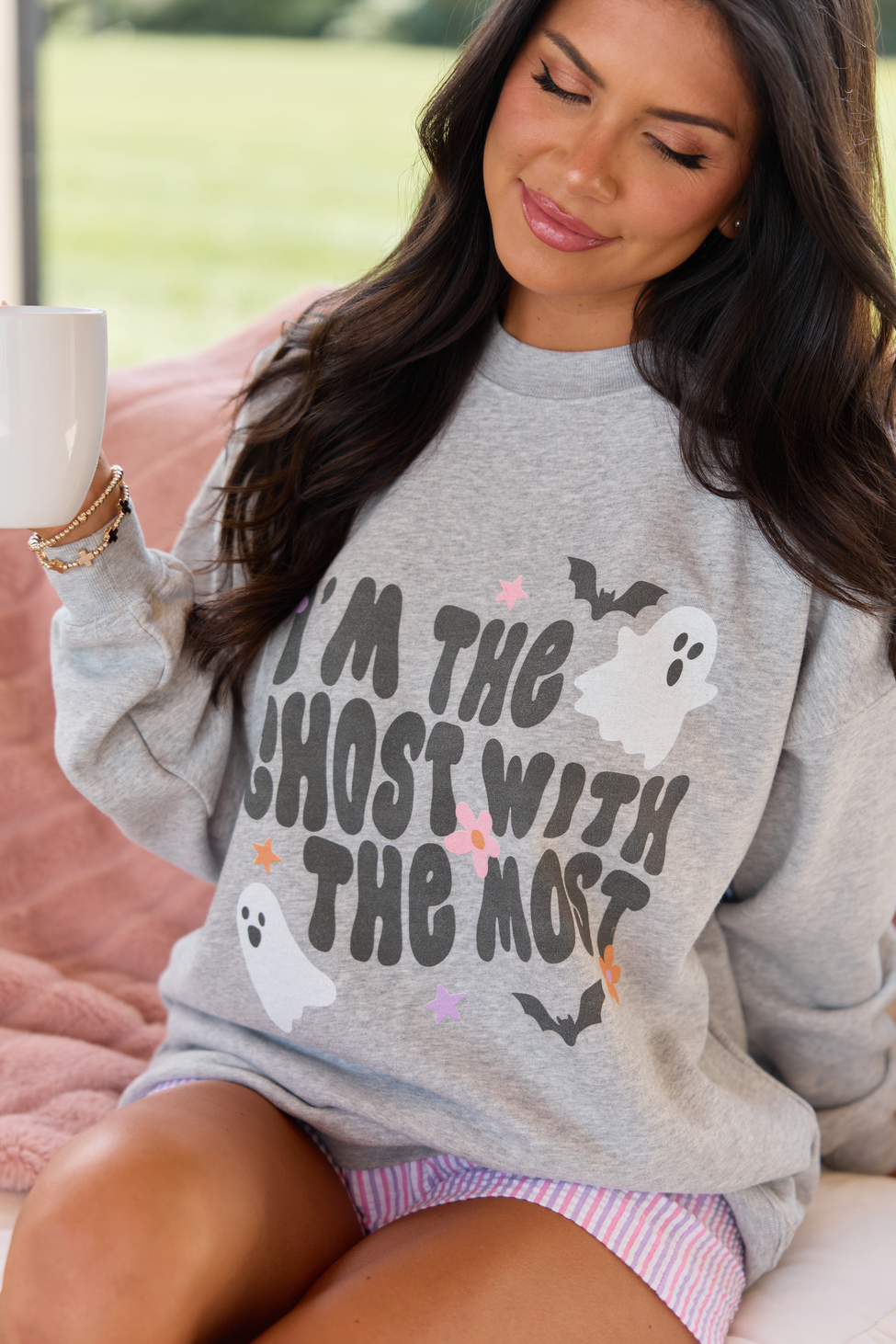 I'm The Ghost With The Most Light Grey Graphic Sweatshirt, detail view