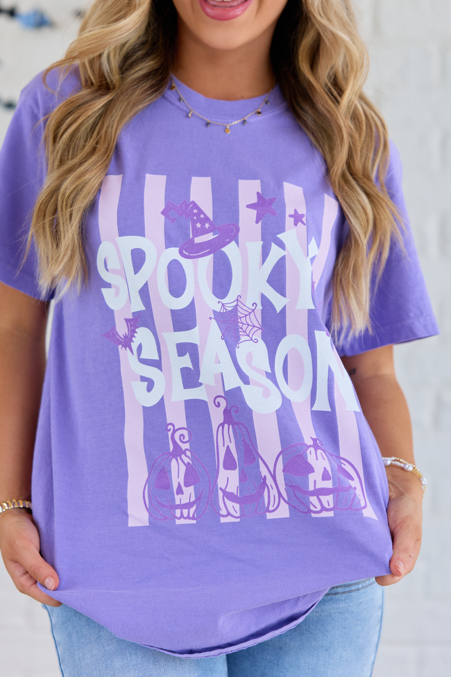 Spooky Season Stripes Violet Comfort Colors Graphic Tee, styled view