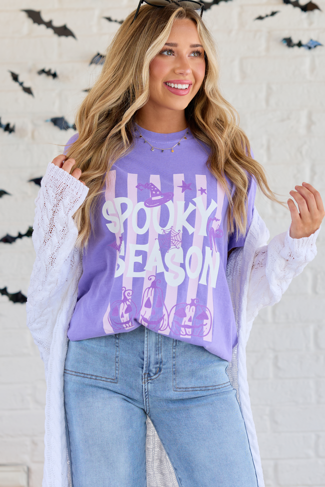 Spooky Season Stripes Violet Comfort Colors Graphic Tee, detail view