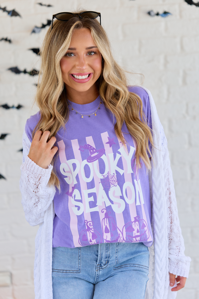 Spooky Season Stripes Violet Comfort Colors Graphic Tee, front view