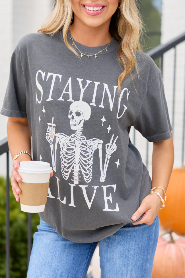 Staying Alive Dark Grey Graphic Tee, detail view