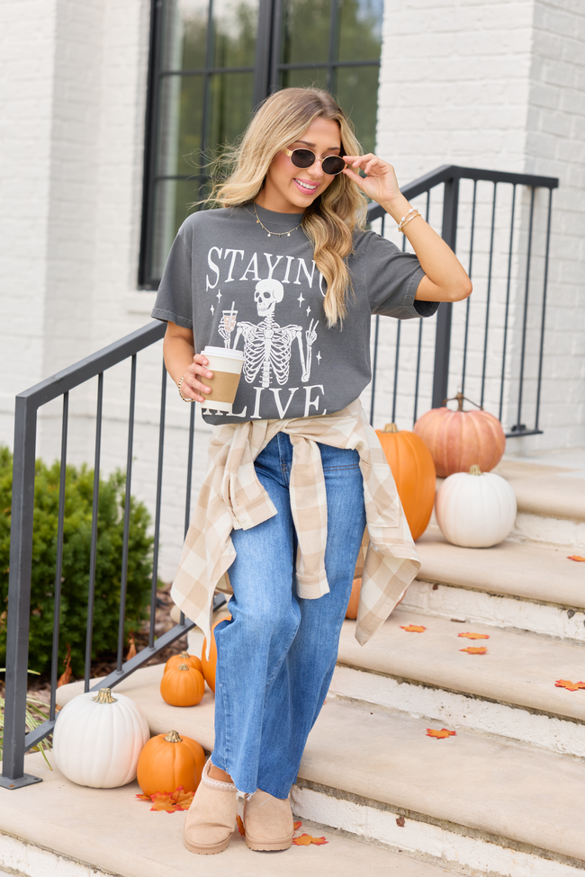 Staying Alive Dark Grey Graphic Tee, styled view