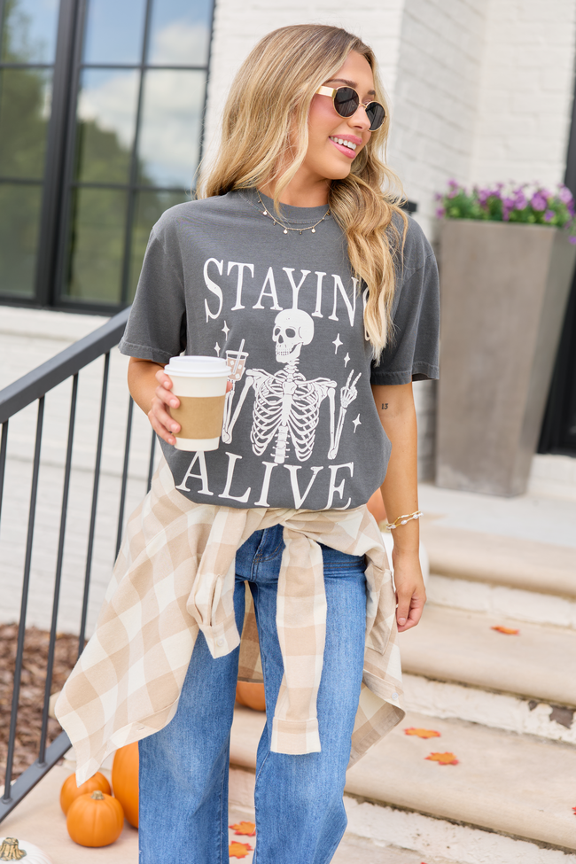 Staying Alive Dark Grey Graphic Tee, back view