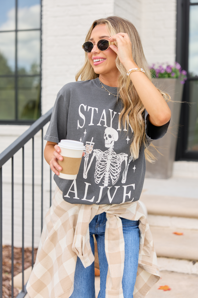 Staying Alive Dark Grey Graphic Tee, front view
