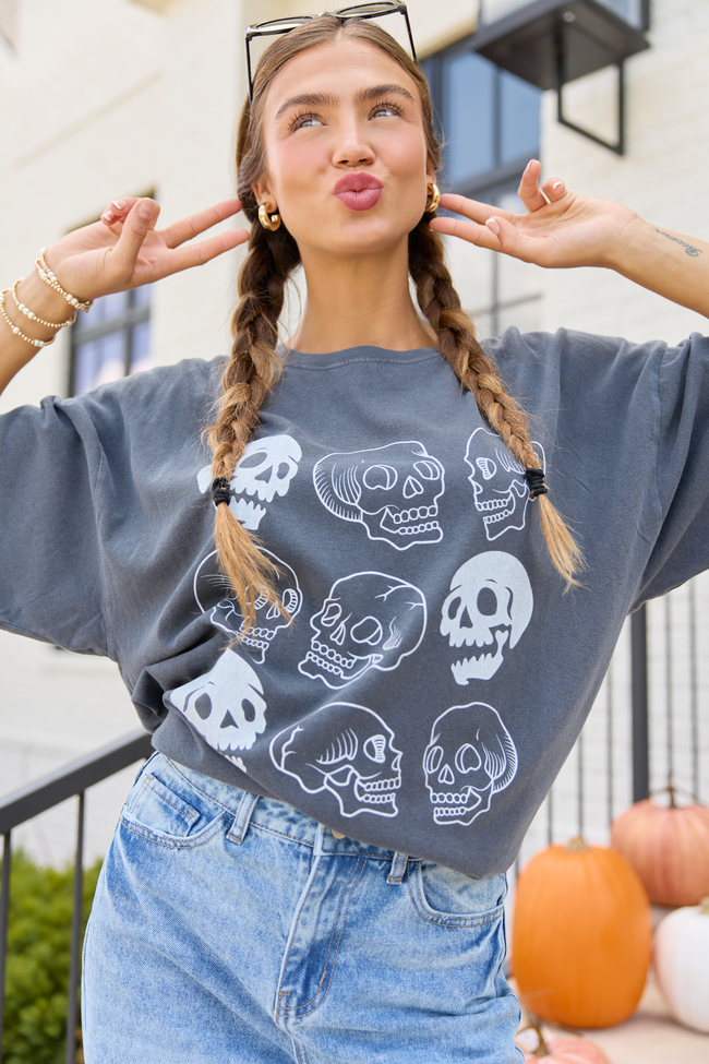 Skulls Charcoal Oversized Graphic Tee, front view